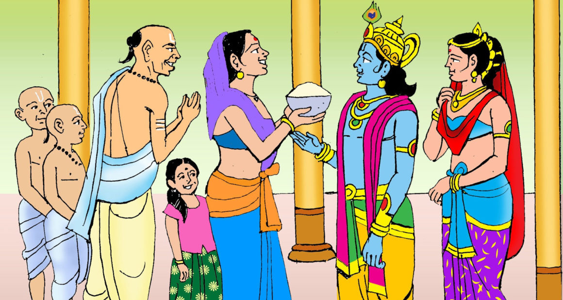 Lord Krishna being greeted by Sudan and his wife