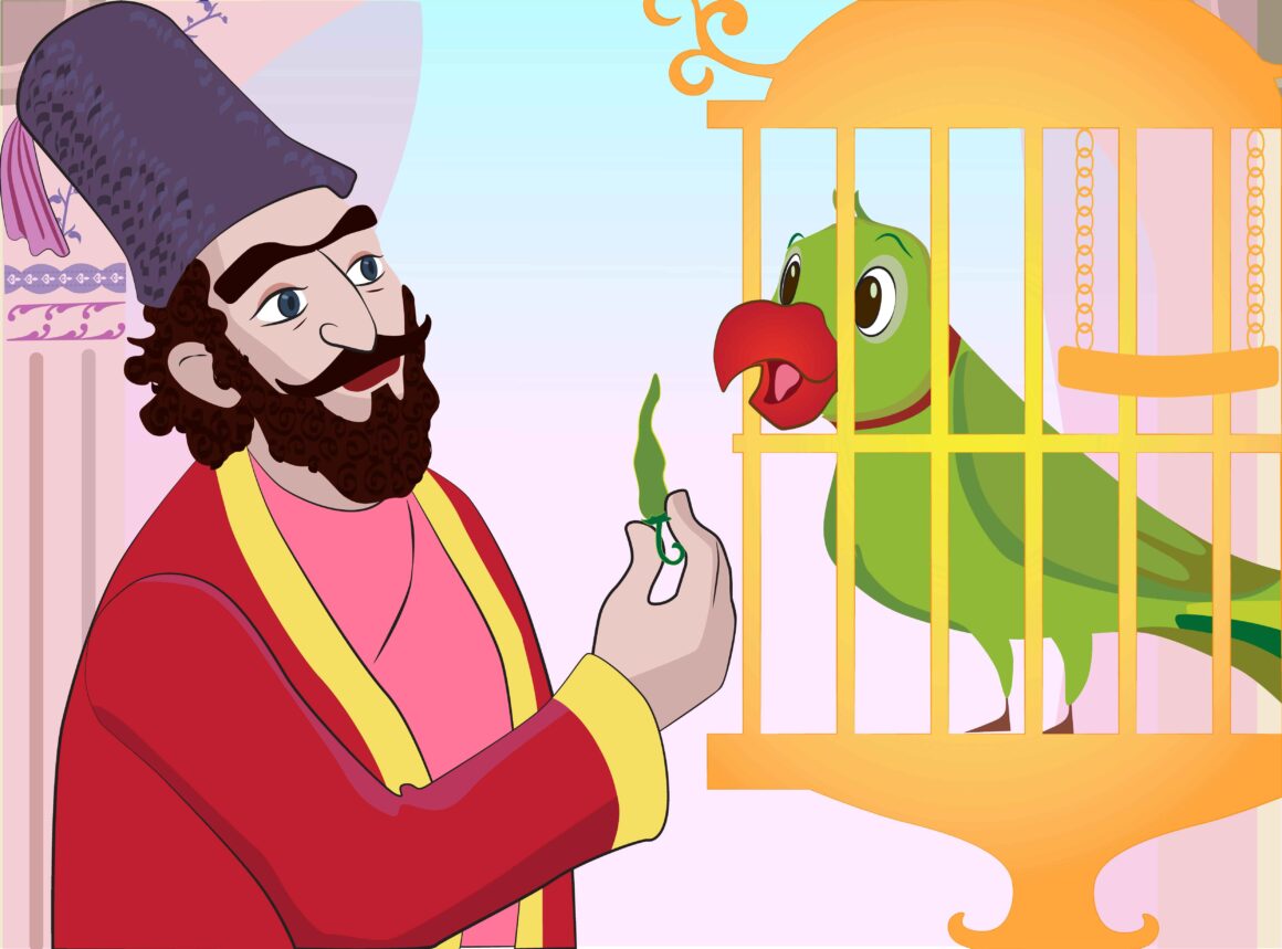 Merchant speaking to his parrot in a golden cage