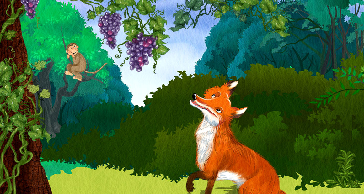 The fox looking at the grapes on the vine